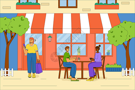 人们在户外放松并喝咖啡 带有户外桌椅的夏日咖啡馆大楼 夏季咖啡馆的矢量概念 平面矢量图女士建筑夫妻小酒馆顾客商业家庭面包闲暇街道图片