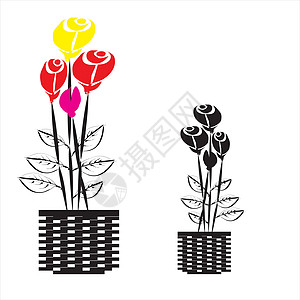 用于设计构件 装饰和墙壁装饰的花花瓶矢量插图墙纸海报风格绘画叶子房子艺术花束植物花园图片