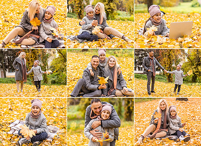 秋天公园与幸福家庭合照的拼贴照片图片