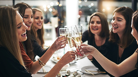 对持续一生的友谊 一群年轻的女朋友在餐厅的晚宴上举杯庆祝图片