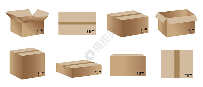 一套纸板运输集装箱或邮箱 在白色背景上隔离的逼真模型矢量图解 运输包裹包装模板的集合图片