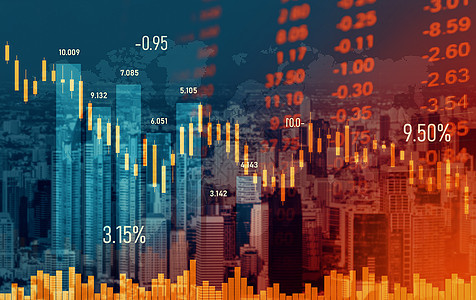 不断下降的图表和数字指标与现代城市背景相重合银行速度风险利润碰撞投资经济金融失败破产图片