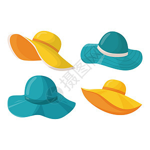 一套漂亮的女式夏季帽子 有不同的颜色和款式 时尚的夏季女性头饰 在炎热国家海上度假的时尚配饰 平面矢量图衣服女士海滩派对稻草太阳图片