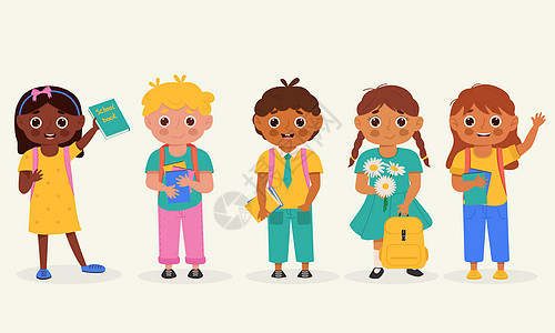 一套有学校用品的学童 背包和书童 多彩漫画人物 平面矢量图解等图片