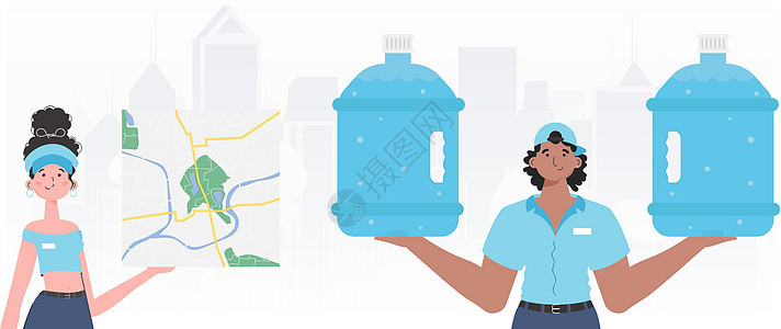 水供应队 时尚风格 矢量工人货车海报图表服务塑料办公室男人公司商品图片