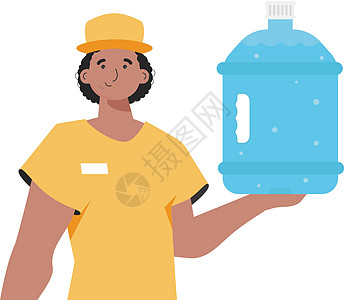 一个人拿着一瓶水 送货概念 字符被描绘在腰部上 白色背景是孤立的 矢量插图 (笑声)图片