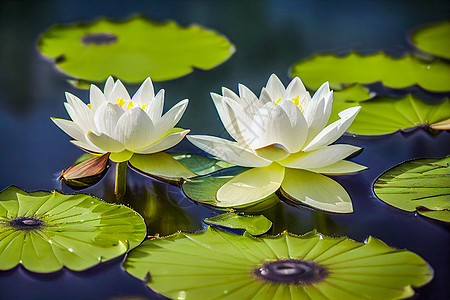 3D插图 池塘中的白莲花花盆 在模糊背景中被隔绝 概念热带植物群植物学叶子荷花百合蓝色情调异国植物图片