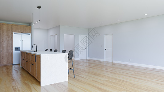3D直观的厨房和木制地板奢华家庭木板木头工作室饭厅绘画居住窗户房子图片
