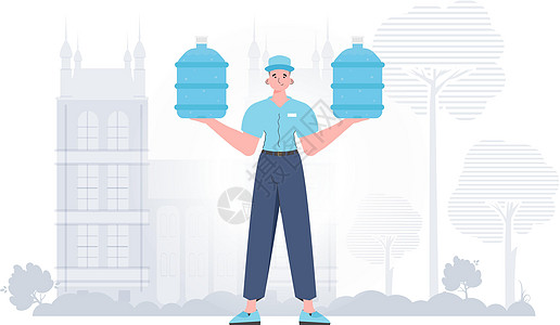 一个男人拿着一瓶水 送货概念 潮流的性格在全面增长中被描绘出来 矢量说明男人瓶装插图商业冷却器船运车辆海报矿物零售图片