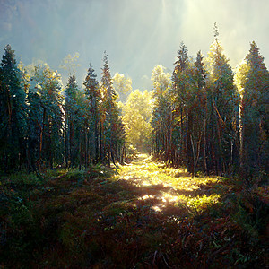 美丽的阳光明媚的早晨 在魔法森林里木头季节树木绿色叶子风景环境太阳射线场景图片