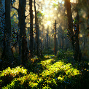美丽的阳光明媚的早晨 在魔法森林里绿色场景树木季节薄雾叶子荒野环境太阳木头图片