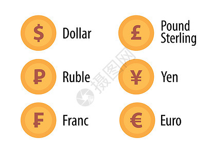 图标货币符号金色集 平式 硬币的矢量插图 在白色上隔离符号图片