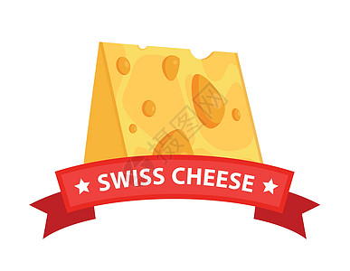 瑞士三角Maasdam奶酪片     日记制品和红色带字幕丝带的矢量符号插图图片