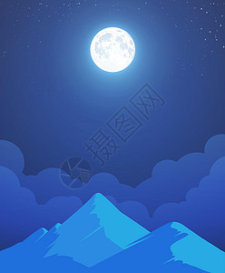 矢量夜间山丘景观与整个月球图片
