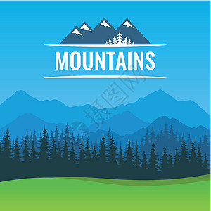 在阳光明媚的白天张贴森林和山岳风景的海报     标有信头徽章符号的矢量图示图片