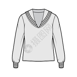 Shit Middy水手Shirt middy水手穿着技术时装插图 用长袖 外衣长度 超大尺寸套装水兵棉布计算机领口女性条纹设计图片