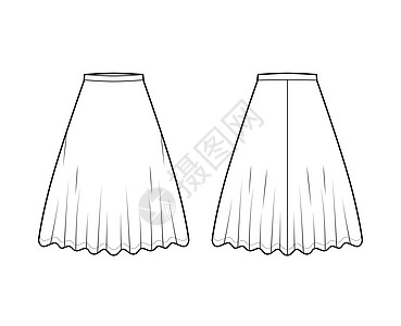 裙子 midi 圆形技术时尚插图 膝盖长度轮廓 圆形丰满度 细腰带底部棉布迷笛女性设计身体男人溜冰者纺织品服饰喇叭形图片