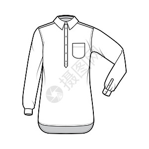 衬衫拖拉技术时装插图 用圆口袋 肘折长袖 超大小的半黑扣按钮计算机衣领牛仔布男人棉布衣服服饰女士绘画图片