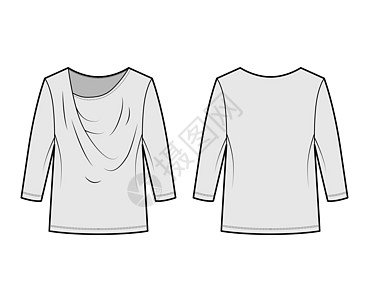 TShirt 技术式时装图解 长袖 外裤长度 尺寸超大 服装布衫顶部外衣针织女性纺织品设计商业女士球座按钮球衣裙子图片