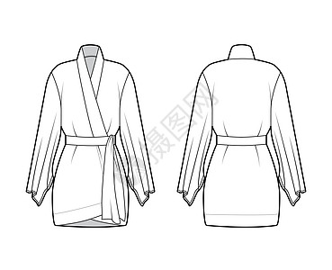 假袍技术时尚插图 长袖宽 腰部系紧带 膝盖上方衬衫棉布袖子女性丝绸裙子和服女孩脖子计算机图片