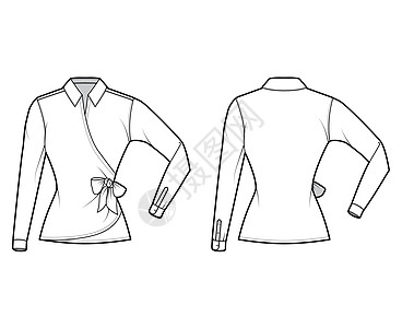 衬衫包装技术时装图画 领领结紧闭 肘折长袖 经典项圈 合身小样插图服装男人成人衣服折叠织物身体女装图片