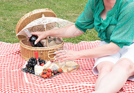 穿着绿上衣的女人坐在红彩的野餐地毯 红酒和奶酪上快乐农村稻草女士玩具干杯情绪食物享受玻璃图片