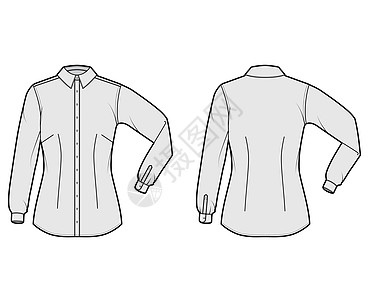衬衫设计技术时装插图 手肘折长袖 细短合身 飞镖 按下扣子 固定领领图片