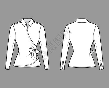 衬衫包装技术时装插图 用结领 长袖 经典衣领 合身的衬衣袖子棉布女性织物女士女孩折叠设计男人腰部图片