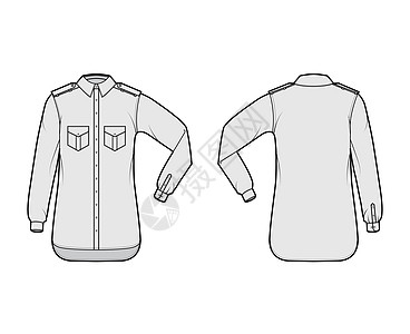 技术时装插图 用扇翼角度的口袋 肘折长袖 放松合身 按下键棉布设计绘画肩章工作男生衬衫小样成人计算机图片