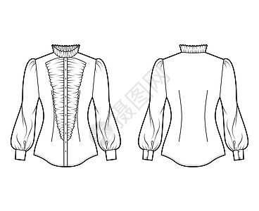 Shirt习惯 技术时装插图 用长网袖 刺花 薄贴 衣领 纽扣 古董下巴商业计算机棉布衣服女士设计衬衫男性绘画图片