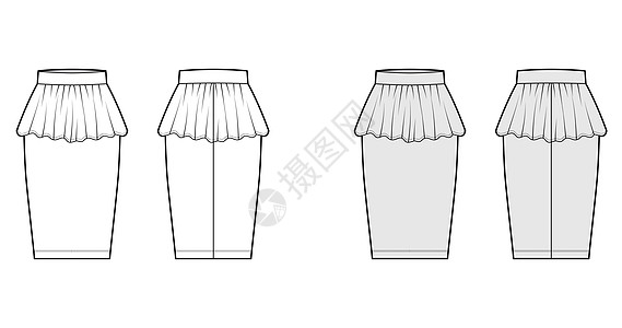 裙子腰部护套技术时尚插图 直膝轮廓 铅笔丰满 厚腰带 平坦的图片