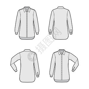 一套Shirt 烟花条纹技术时装插图 用领领弓 肘折长袖 超大尺寸 按下按钮工作袖子领带计算机设计衣领牛仔布绘画衬衫男人图片