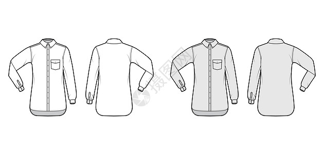 经典衬衫技术时装插图 用角度口袋 肘折长袖 放松 纽扣 固定项圈计算机商业设计绘画男人袖子棉布套装小样成人图片