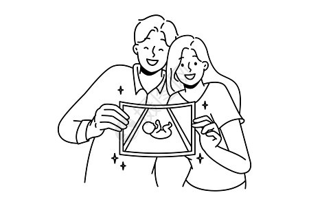 快乐的一对夫妇展示了婴儿超声波照片胎儿插图胚胎诊断保健治疗药品妈妈分娩医院图片