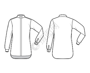 Shirt神职人员技术时装插图 用肘折长袖 放轻松 隐蔽的按下按钮 Tab Collar成人男性套装绘画管道男人女士袖子衣领设计图片