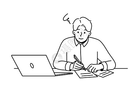 在笔记本电脑上工作的人在纸上作笔记经理插图商业互联网用户工人工具办公室床单桌子图片