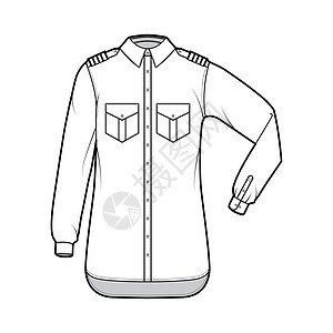 Shirt飞行员航空技术时装插图 用切片 手肘折叠长袖 角扇形口袋男人成人身体设计衣服水兵女装人员女孩全体图片