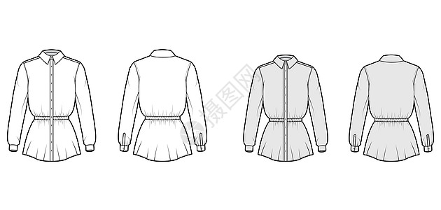 穿着长袖 外衣长度 经典项圈的腰部技术时装插图 照片来自女士棉布女性计算机男人设计服饰套装身体服装图片