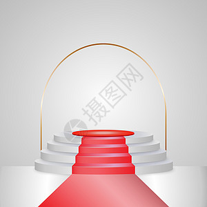 圆形展会 获胜者讲台冠军环球第一名获得奖杯奖 用红地毯模拟白色空楼梯背景图片