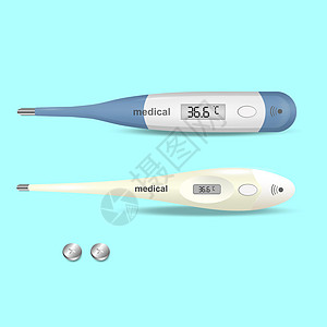 显示正常温度的各种形状的医用数字温度计 医学和保健 检查 诊断和治疗策略的选择 矢量对象隔离背景图片