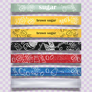 用于广告 促销 包装的糖袋包装样机 矢量图和红色 黑色 灰色 黄色的设计示例 并带有插图图片