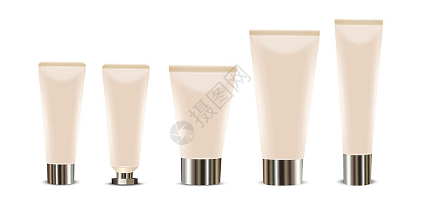 矢量3-现实塑料 米色管容器 白色背景上盖有金属光滑罩 牙膏 化妆品 奶油模型的设计模板 前景图片