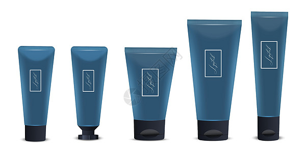 矢量 3d 逼真塑料 蓝色管包装 白色背景上带有黑色帽子 牙膏 化妆品 奶油样机的设计模板 前景图片