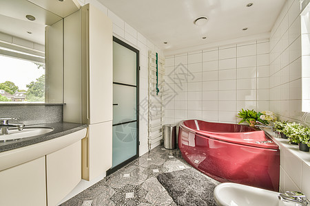 现代卫生间 家里有窗户房间镜子卫生浴缸脸盆房子龙头建筑学住宅反射图片