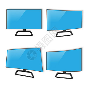 一组监视器 蓝色的弯曲电视面板屏幕 矢量3D现实设计图片