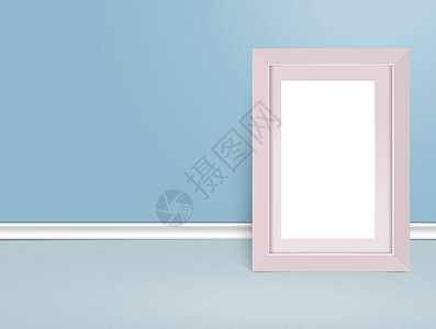 用于照片演示的极简布局模板 白色相框靠墙放在地板上 板上的空矢量相框图片