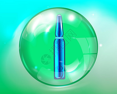 绿色玻璃球中的蓝色薄膜 香水 生态油和药品的设计模板图片