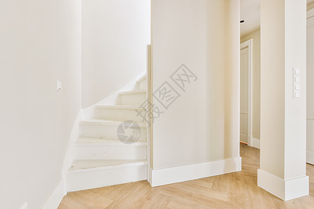 在宽敞的公寓大厅中的木楼梯木地板财产住宅木头白色栏杆房子走廊绘画大堂图片