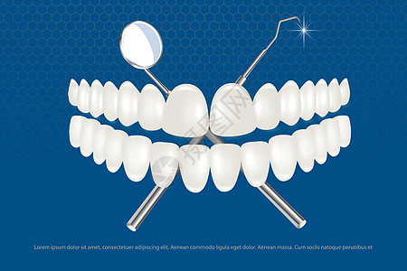 一套带牙科器械的白色假牙 牙科和正畸药物和牙膏的设计理念 健康的口腔卫生 下颌假肢 贴面诊所插图治疗药品医生獠牙疾病解剖学嘴唇搪图片