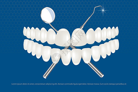 一套带牙科器械的白色假牙 牙科和正畸药物和牙膏的设计理念 健康的口腔卫生 下颌假肢 贴面诊所插图治疗药品医生獠牙疾病解剖学嘴唇搪背景图片